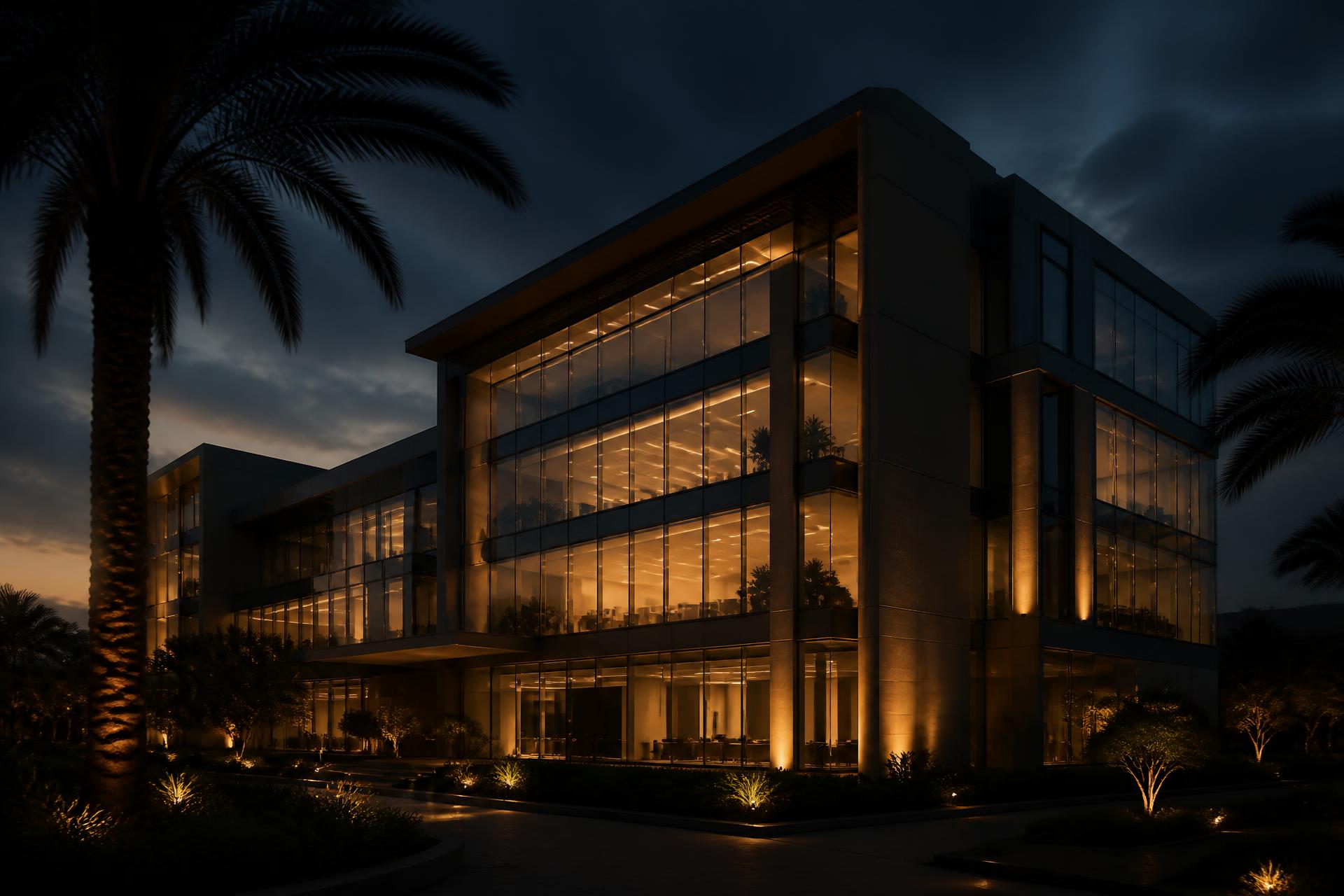 Modern office building illuminated at dusk